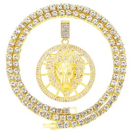 HH BLING EMPIRE 14k Gold Silver Plated Hip Hop Rapper Pendant Chain Necklace for Men, Iced Out Diamond King Lion Pendant with 5mm Tennis Chains 22 Inch (Lion-Gold,& Tennis)