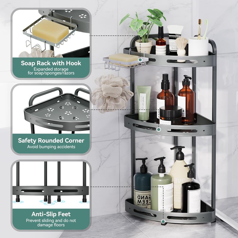 Binecer Corner Shower Caddy Standing, 3 Tier Shower Organizer Stand