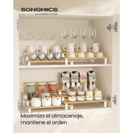 SONGMICS Estante para Especias, Juego de 2 Estantes de Armario, Especiero Extensible de 3 Niveles, Beige Natural y Blanco Nube MKCS016N02