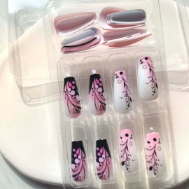 Long Press on Nails Pink Coffin Fake Nails Black White Flower with Sequins Designs False Nails Spring French Sweet Pure Color Floral Nail Set Artificial Acrylic Glue on Nails for Women
