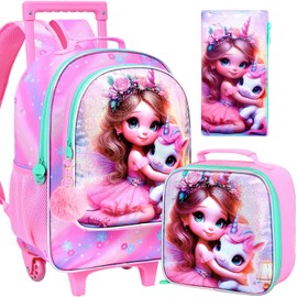 AGSDON 3PCS Kids Rolling Backpack, Girls Roller Wheels Bookbag, Wheeled Elementary School Bag with Lunch Bag - Princess