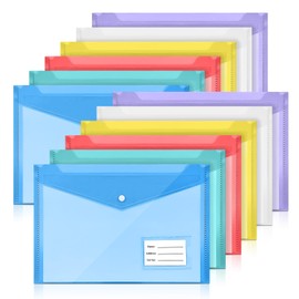Carpeta de Plástico, A4 Sobres de Plástico con Cierre A Presión, 12 Piezas Folder Transparentes Plastico con Etiquetas para la Organización Escolar, Doméstica y de Oficina (6 Colores)