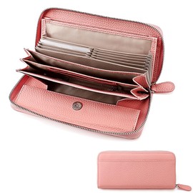 Yocipa Genuine Leather Wallet, Women's, Round Zipper, Long Wallet, Large Capacity, Card Case, Multi-functional Wallet, Prevents Skimming, Popular, Pink