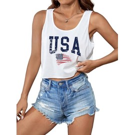 Women's Plus Size 4th of July Tops USA Tank Top Memorial Day Red White and Blue Patriotic Shirts American Flag Graphic Crop Tank Tops (White-1,2XL)