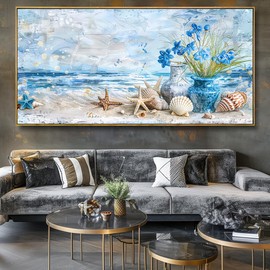 Wall Art Seascape Wall Decor Beach Seashell Blue Beach Picture Ocean Theme Flower Canvas Painting for Living Room Bedroom Home Office Decor 30"x60" with Framed