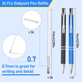 Tikplus Ballpoint Pen Refills 0.7 mm, Pack of 36 Blue Black Ballpoint Pen Refills with Spring and 2 Pens Ballpoint Pen Refills for Office, Business, School and Home Writing Colour