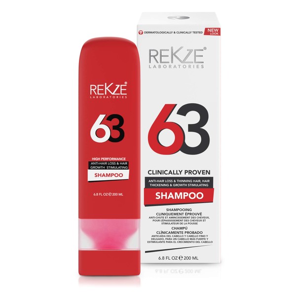REKZE 63 Shampoo w/ Unique Premium Clinically Proven Formula for Hair Thickening, Anti-Hair Loss & Thinning & Oily Hair, Regrowth & Strong DHT Blocker For Men & Women, Enriched w/ Biotin, Caffeine, Zinc, Saw Palmetto, Taurine, and More