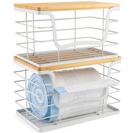 XCPPLV Trash Bag Dispenser Holder for Kitchen 2 Pack White Garbage Bag Organizer Wall Mount Stackable Bin with Bamboo Lid for Countertop, Under Sink, Laundry Room