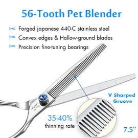 JASON 7.5" 56-Tooth Blending Dogs Grooming Scissors Cats Thinning Shears Pets Blender Thinner Trimming Texturizing Kit with Offset Handle Blue Jewelled Screw (7.5 Inch)