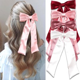 SAWINDA 4PCS Satin Hair Bows for Girls Bowknot Hair Ribbon Barrette Ponytail Holder Accessories with Oversize Tail Wedding Prom Daily Outfits Hair Bow Accessories for Women (Red&Pink&Pink2&White)