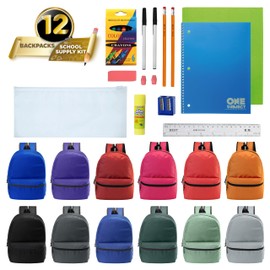 Moda West 17 Inch Bulk Backpacks with 18 Piece School Supplies Kits - Pens, Pencils, Crayons - Case of 12 Wholesale Backpacks in 12 Assorted Colors