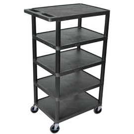 LUXOR BC50-B Structural Foam Plastic Utility Cart with Five Flat-Shelves Each with .25" Retaining Lip, 300 Lbs. Capacity, Black