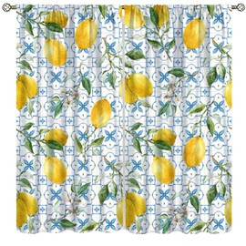Yoakiet - Cortinas opacas de azulejo azul y limón, pintadas a mano, acuarela, clásico, rústico, estilo rústico, limón, fruta, hojas verdes, impresión, bolsillo para barra, cortinas de tratamiento de