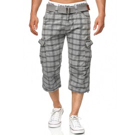 Indicode Men's Nicolas Check 3/4 Cargo Shorts Checked with 6 Pockets Including Belt made of 100 % Cotton for Summer (70-175bs Nicolas Check) - Lt Grey Check Plain, size: s