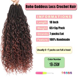 Goddess Locs Crochet Hair 7 Packs Bohemian Faux Locs Pre-Looped Braids, Boho Goddess Soft Locs Crochet Hair with Curly Ends Hair Extensions for Women (T350, 18 Inch)