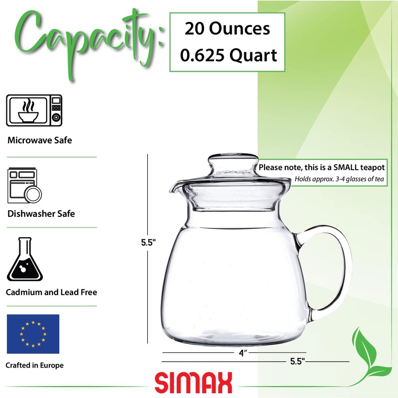 Simax Glassware 20 Oz. Glass Teapot | Short Spout, Microwave