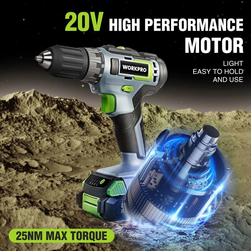 WORKPRO 20V Cordless Drill Driver Kits 3/8'' Keyless Chuck 2.0Ah
