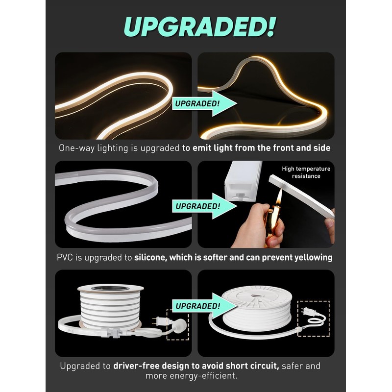 GZBtech 110-120V LED Neon Rope Lights 66FT/20M, 3D Top &