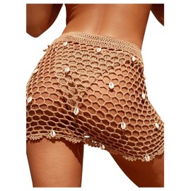 SHENHE Women's Sheer Crochet Hollow Out Shell Swimwear Swimsuit Cover Up Beach Skirt Pale Khaki M