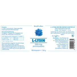 L-lysine 500 mg amino acid (pure) per capsule, 180 capsules, natural and vegan. SinoPlaSan