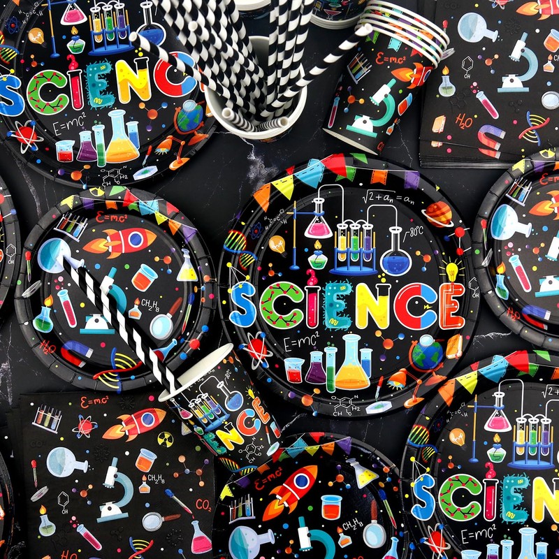 Science Party Supplies, Includes Plates, Tablecloth, Cups, Straws, for Boy