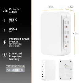 GE USB C 5 Outlet Extender, Side-Access, Wall Tap Surge Protector, Multi-Plug, USB A, 3-Prong, Secure Install, White, 83503
