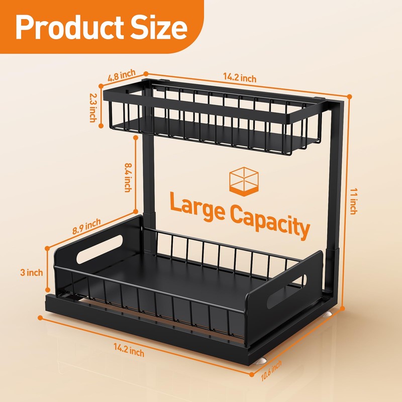 Under Sink Organizer 2 Pack,Pull Out Cabinet Organizer Shelf,Kitchen Bathroom