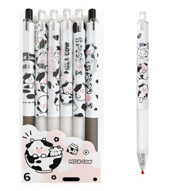Cute Pens Kawaii 0.5mm Black Ink Gel Pens Fine Point Smooth Writing Ballpoint for Office School Supplies Nice Fun Gifts for Kids Girls Women Pens for Journaling，Pack of 6pcs (Little Milky Cow)