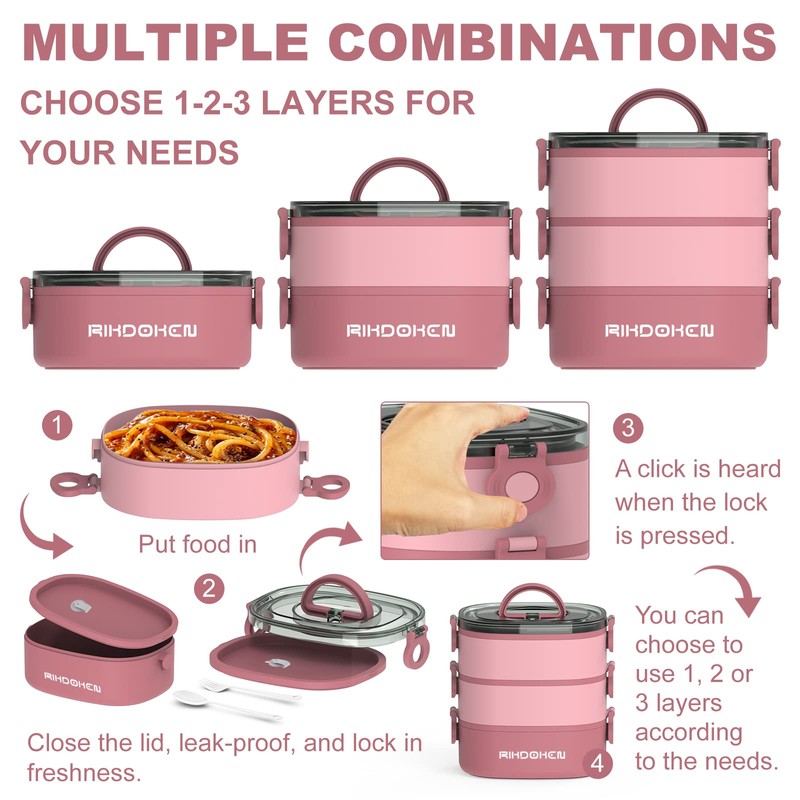 RIKDOKEN Lunch Box, Stackable 3 Layers Containers, Portable 94OZ Large