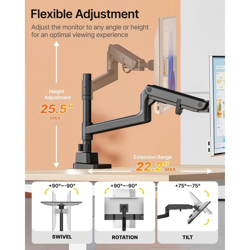 monTEK Ultrawide Monitor Arm Max 57",Height Adjustable 8.1"-25.5",Black