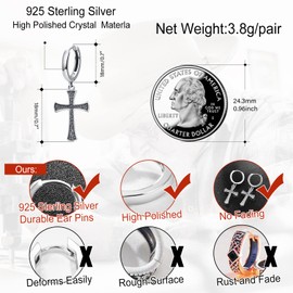 Cross Earrings 925 Sterling Silver/Black/Gold Cross Hoop Earrings Hoop Earrings Unisex Cross Earrings for Men Women, Silver, No Gemstone