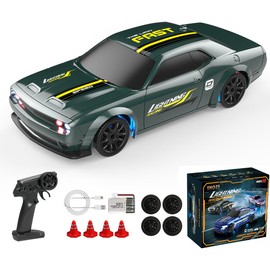 Moonzeamus 1/43 Mini RC Drift Car 2.4G Full-Proportional 4WD MetalChassis 15KM/H High Speed RC Racing Car Model with LED Lights and Barricade Barrels RTR (Green)