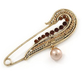 Vintage Inspired Large Topaz Crystal Wing Safety Pin Brooch In Gold Tone Metal - 80mm L