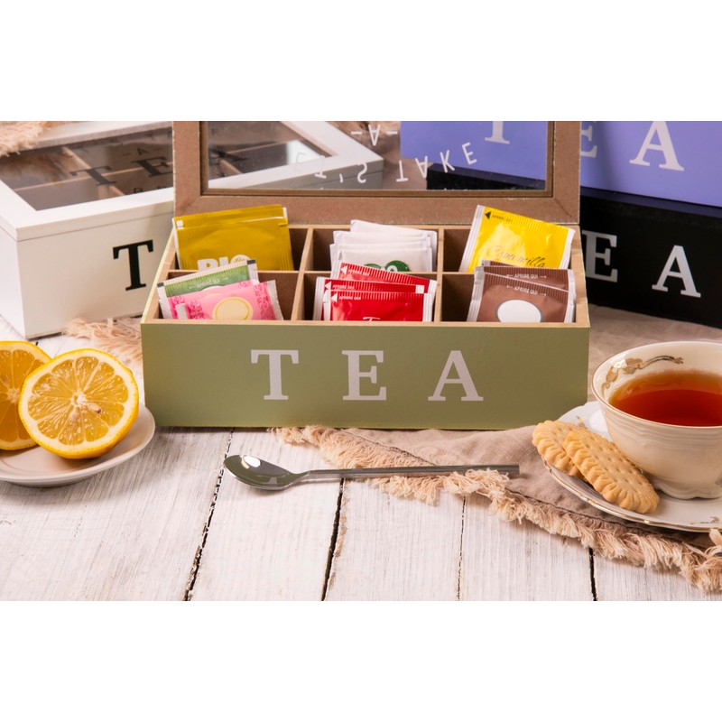 Sibilla Tea and Herbal Tea Storage Box, 6 Compartments, Sage