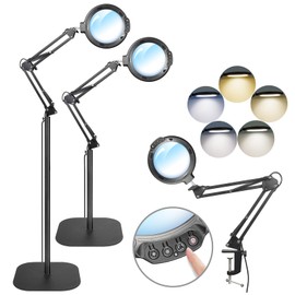 12X Large Magnifying Glass with Light and Floor Stand, 3-in-1 Swing Arm Floor Lamp Magnifier with 5 Color Modes 10 Dimmable Brightness, Hands Free Lighted Magnifying Glass with Clamp for Close Work