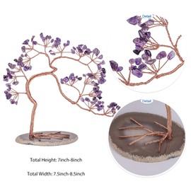 SUNYIK Healing Amethyst Money Tree with Natural Agate Slice Base, Handmade Wire Wrapped Tree of Life Fengshui Bonsai Tree Home Office Decoration for Wealth and Luck