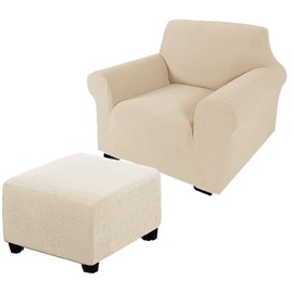 Andreannie Beige Jacquard Chair Slipcovers Armchair Sofa Covers Chair Couch Covers for Armchair Bundle Ottoman Slipcover(Beige)