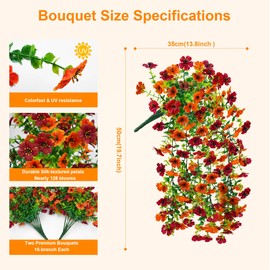 Artificial Fall Fake Flowers for Outdoors,2PCS Fall Faux Hanging Flowers for Fall Decor,UV Resistant Artificial Mums Look Real Silk Flower for Front Porch Garden Patio Home Decor(Orange & Brown)