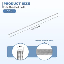 sourcing map 2Pcs M2-0.4x250mm Fully Threaded Rods, Threaded Rods Bar Studs, 304 Stainless Steel Long Thread Screws Hardware for U-Bolts, Anchors, Clamps, Hangers, Silver