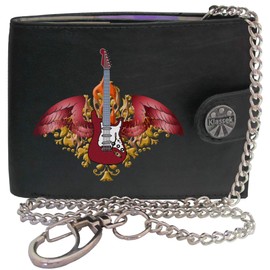 Electric Guitar Wings Red Winged Rock Music KLASSEK Mens Wallet with Chain Real Leather RFID Blocking with Coin Pocket and Metal Gift Box