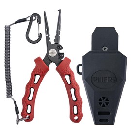 Goture 7" Stainless Steel Fishing Pliers Hook Remover, Fly Fishing Pliers Kit, Saltwater Fishing Pliers with Line Cutter Sheath, Split Ring Pliers for Fishing, Fishing Gifts for Men, Red