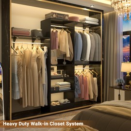 Girapow 96 inch Closet System with Storage Shelves, 8FT Closet Organizer System with 3 Hanging Rods & Shelves Adjustable, Wall-mounted Closet Organizers Storage System for Walk-in Closet, Black