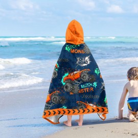 Engineering Vehicle Boys Beach Towel with Hoodie for Kids Toddlers Age 4-8,Car Blue Bath Towels Shower Wrap for Boys, Hooded Poncho Beach Blanket for Pool Swimming Cute Wearable Bath Towel for Child