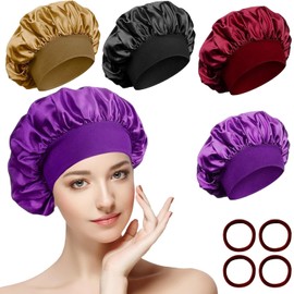 4 Piezas Gorro Saten Pelo Rizado,Gorro para Dormir Seda-con Banda Ancha Elástica, Ajustable Gorros Pelo Rizado Dormir para Mujeres y Niñas con 4 Piezas Gomas de Pelos (A)