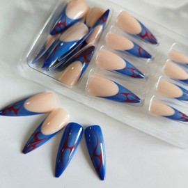 Blue French Tip Press on Nails Long Stiletto Fake Nails with Red Flame Designs Extra Long False Nails Glossy Full Cover Glue on Nails Reusable Stick on Nails for Women Acrylic Nail Set 24Pcs