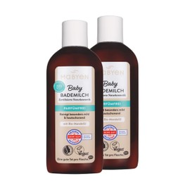 MABYEN Baby Bademilch 2er Set (2 x 200 ml) – Parfümfrei, mit Bio-Mandelöl, zertifizierte Naturkosmetik, vegan, sanfte Pflege für empfindliche Babyhaut, dermatologisch getestet, plastikfreie Verpackung