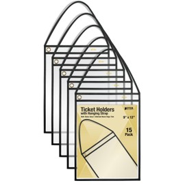 Better Office Products Shop Ticket Holders with Hanging Strap – 15 Pack, 9 x 12 Inch Clear Pocket Sleeves, Double-Sided Document Protectors with Heavy-Duty Stitched Edge Trim