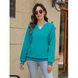 EADINVE Womens V Neck Sweatshirts with Pockets Fleece Pullover Casual Loose Fit Long Sleeve Tops Fall Clothes 2025 Turquoise
