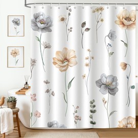 Spring Watercolor Beige Gray Floral Shower Curtain 72X72Inch