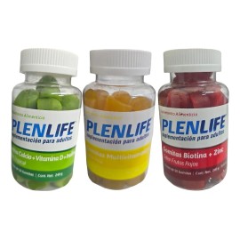 Kit C/3 Botes Gomitas Biotina, Ca, Multivit 50 Pzs. Plenlife Sabor Frutos + tropical + piña